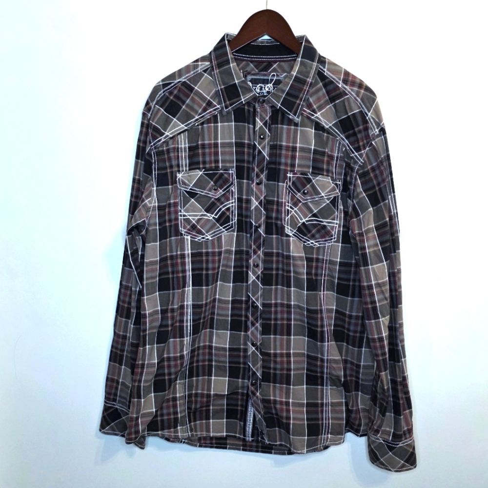 Buckle Black Athletic Fit Brown Plaid Snap Button Up Long Sleeve Shirt Size XL